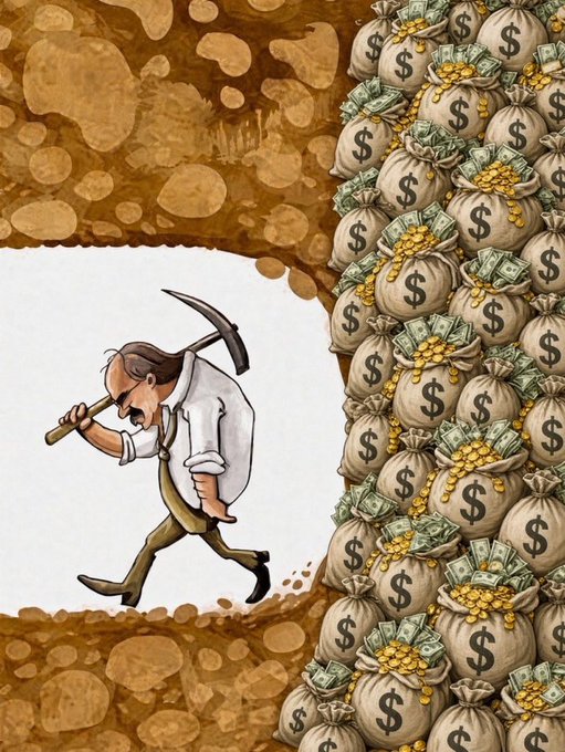 A cartoon illustration of a weary miner with a pickaxe walking out of a cave filled with bags of money and gold coins.