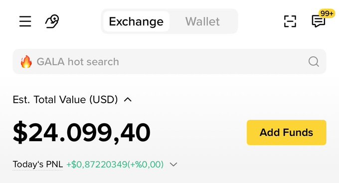 The image shows a crypto exchange dashboard displaying a portfolio balance of $24,099.40 for the user "GALA," with today's PNL at +$0.87. This appears to be someone showcasing their crypto holdings to add credibility to a "$1,000 giveaway to 2 followers" promotion, likely as a scam tactic to lure people into commenting on the post.