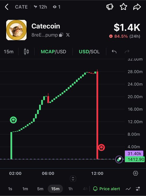 A screenshot of the Catecoin ($CATE) chart shows a dramatic market cap crash from $28M to $1.4K (-84.5%) on the MCAP/USD view, visually illustrating the post's claim that the token "was $28 million mc a few minutes ago." The chart's vertical red candle at 12:00 marks the steep decline, supporting the poster's pitch for a potential "relief pump" entry.