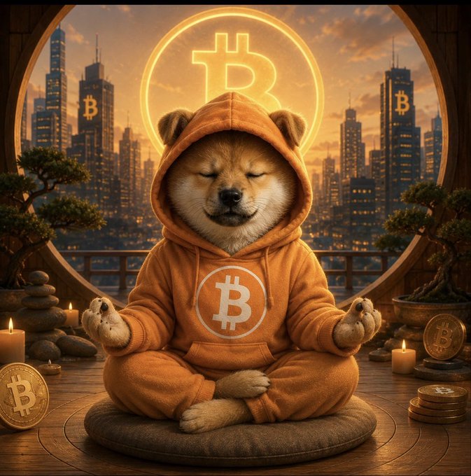 The image depicts a Shiba Inu dog wearing an orange hooded sweatshirt with a $DOG Bitcoin symbol on it, sitting on a cushion or mat, appearing to meditate or perform a pose. The background features buildings, trees, and other city elements. The caption in the accompanying post suggests that if people from the rest of the world knew what Bitcoin is worth at that time and they had more time than money, the value of $DOG Bitcoin would rise the next day.