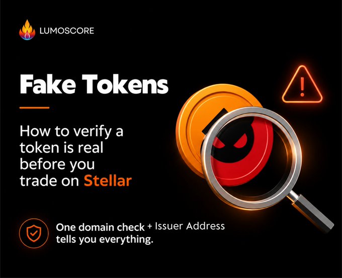 The image is a Lumoscore promotional graphic titled "Fake Tokens," featuring a magnifying glass examining a red coin with a skull symbol alongside a warning icon, with text advising viewers to verify Stellar tokens using "One domain check + Issuer Address" before trading.