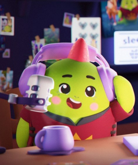 A 3D animated green character with a small pink horn wearing purple headphones, sitting at a desk with a purple mug in a colorful room with photos on the wall.