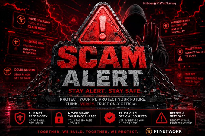A red-themed 'SCAM ALERT' warning graphic from Pi Network (@PiWeb3Army) cautioning users about fake giveaways, phishing links, impersonation, and wallet drains, featuring a hooded figure and warning to 'STAY ALERT. STAY SAFE.'