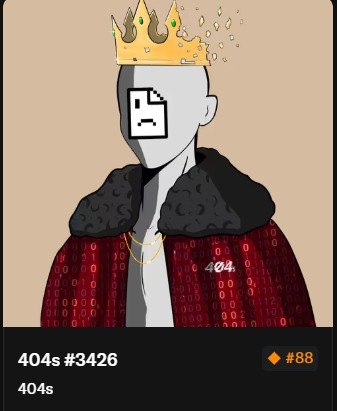 An NFT-style illustration of a king character with a pixelated face wearing a gold crown and red robe with binary code patterns, labeled '404s #3426' and '#88' with the collection name '404s.'