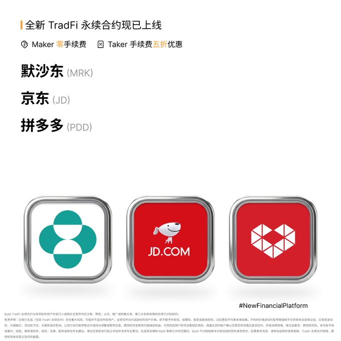 A Chinese and English promotional announcement for TradFi perpetual contracts featuring Merck (MRK), JD.com (JD), and PDD (拼多多), with logos of the three companies and details about maker/taker fee discounts on Bybit.