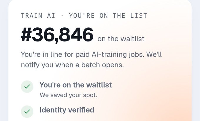 A confirmation page showing "#36,846 on the waitlist" for the Train AI service, indicating the user has secured a spot on the InventMoney App AI Training Waitlist, with checkmarks confirming waitlist placement and identity verification.