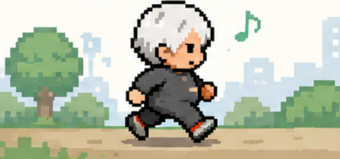 Pixel art animation-style image of an elderly person with gray hair walking and humming, with a musical note and city buildings in the background.