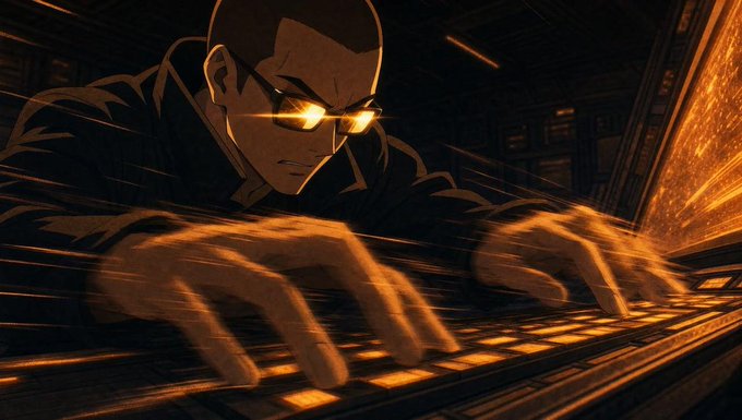 An anime-style illustration depicts a man with glowing glasses intensely typing on a keyboard with orange-lit keys in a dark, dramatic setting.