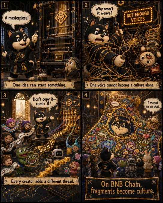 A four-panel comic featuring a black cat character "MAME" on BNB Chain, with captions reading "One idea can start something," "One voice cannot become a culture alone," "Every creator adds a different thread," and "On BNB Chain, fragments become culture," illustrating the post's theme of community-driven creativity from individual threads to collective culture.