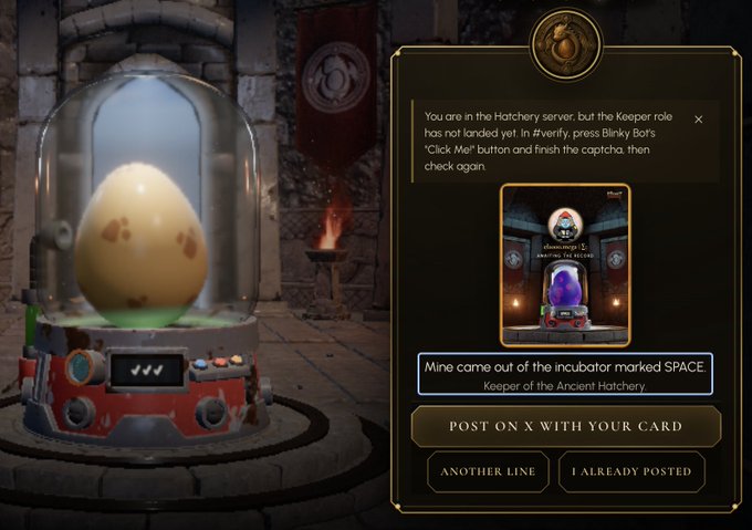 A screenshot from a Hatchery game interface showing an egg in an incubator on the left and instructions on the right stating 'You are in the Hatchery server... In #verify, press Blinky Bot's Click Me button...', with text noting 'Mine came out of the incubator marked SPACE, Keeper of the Ancient Hatchery.'
