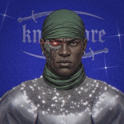 A digital illustration of a man wearing a green turban with a cybernetic red eye, set against a blue background with the partially visible word 'knights' and crossed swords.