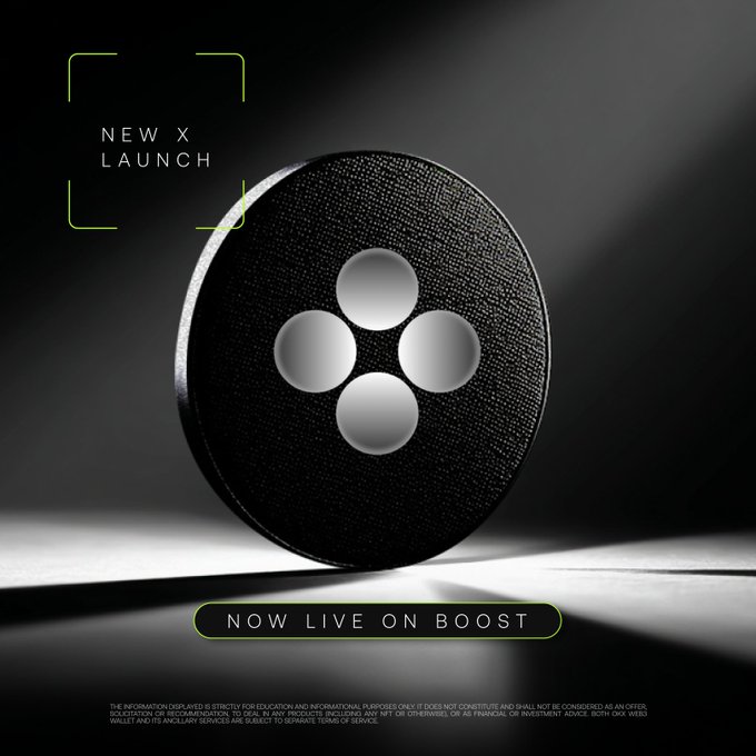 A sleek promotional graphic featuring a black circular disc with four white dots in a diamond pattern against a dark background, displaying "NEW X LAUNCH" in the upper left and "NOW LIVE ON BOOST" at the bottom. The image supports the announcement that Doppler ($XDP) is launching on OKX's Boost platform, with a 20M XDP prize pool for top traders by volume until September 30.