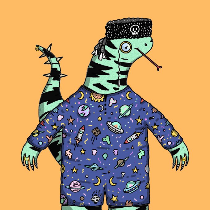 The image features a cartoon character dressed in blue pajamas with a black bandana, holding a sword and wearing a hat. The character appears to be a snake or lizard-like creature from outer space. The background of the image is orange, which contrasts with the blue pajama outfit and adds visual interest to the scene.