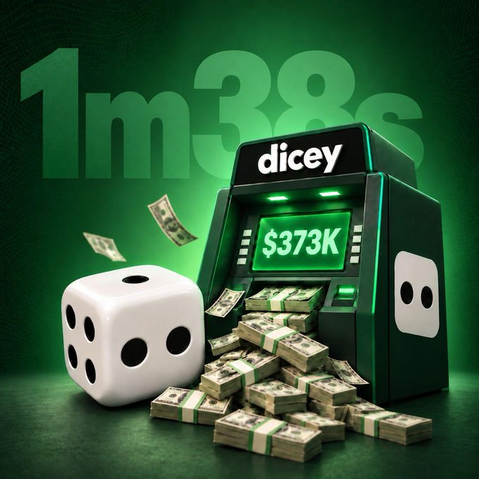 A 3D-rendered scene features a large white die next to a green arcade-style machine labeled "dicey" with a display showing "$373K" and stacks of cash spilling out. Faded green text in the background reads "1m38s," directly illustrating the post's "1 minute 38 seconds" reference as a potential winnings amount.
