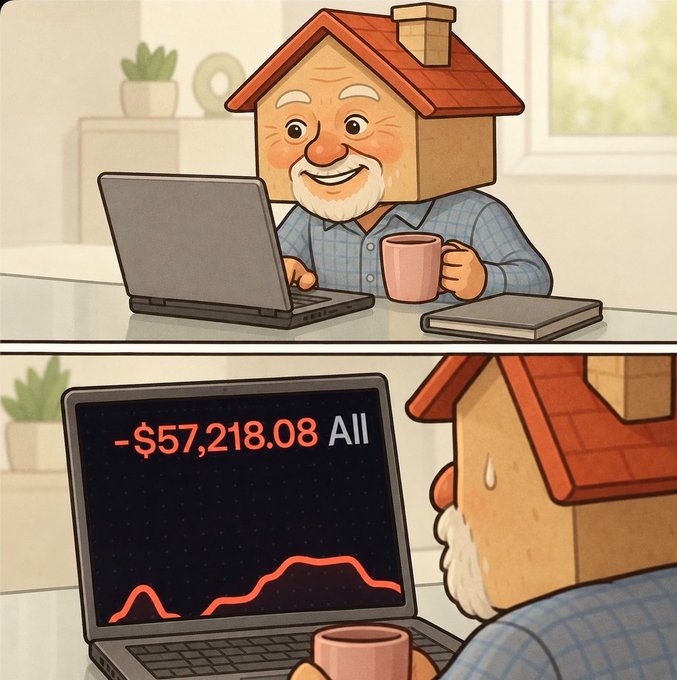 A cartoon character with a house for a head smiles while using a laptop, then sweats upon seeing a stock chart showing a loss of -$57,218.08.