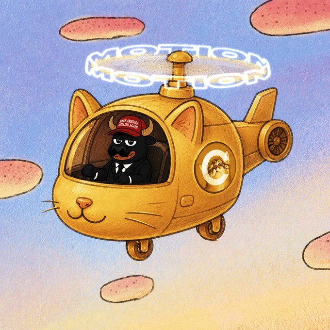 Cartoon illustration of a cat-faced golden helicopter piloted by a dog in a 'Make America Great Again' hat, with the word 'MARKET' written in the sky among pink clouds.