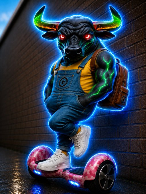 A stylized digital illustration of an anthropomorphic black bull with glowing red eyes, neon green veins, and rainbow horns, wearing denim overalls and a backpack while riding a pink hoverboard against a brick wall.