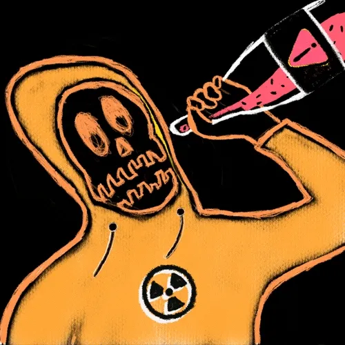 A hand-drawn illustration of a figure in an orange hazmat suit with a radiation symbol on the chest, wearing a skull mask and drinking from a pink watermelon-slice beverage.