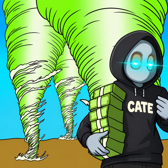 A hooded figure with glowing blue eyes wearing a "CATE" hoodie clutches a stack of cash as massive green tornadoes loom behind them, visually representing the financial chaos and uncertainty ("CATE" likely being "Terra" backwards, referencing the Terra/LUNA crypto crash) behind the post's mention of crypto Twitter drama.