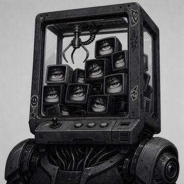 A monochromatic illustration depicts a menacing arcade claw machine filled with small TV monitors displaying staring eyes, mounted on a robotic base with exposed wiring—visually echoing the post's reference to a high-stakes digital prize grab and the question "Are you a lucky mfer?" by evoking the uncertainty and tension of a claw machine pulling a rare one-of-one NFT.