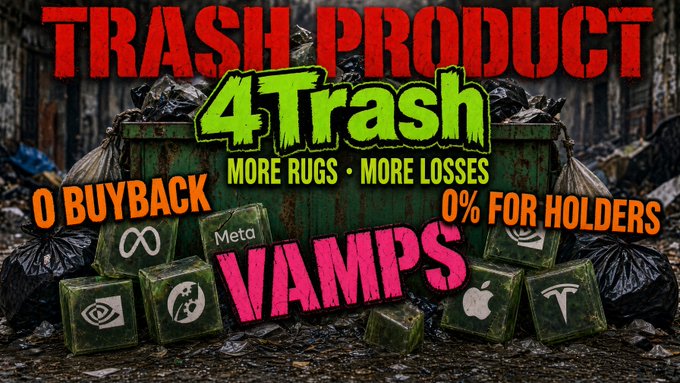 A bold graphic featuring a dumpster filled with trash bags and tech company cubes (Meta, NVIDIA, Apple, Tesla) labeled "TRASH PRODUCT 4Trash — More Rugs, More Losses" with the word "VAMPS" overlayed, alongside the claims "0 Buyback" and "0% for Holders." The image is used to mock rival projects ($pons and 4meme) as scam-like, positioning $Brew as the superior "next pons" opportunity primed to outshine the competition.