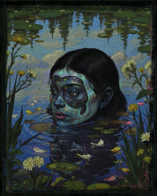 Artistic painting of a woman with a galaxy-like face partially submerged in a lake surrounded by lily pads, yellow flowers, and a forest reflection.