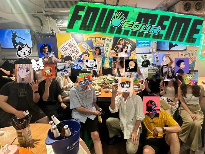 A group of attendees gathered around a table at what appears to be a Hong Kong Four Meme / BNB Chain event, with their faces playfully covered by various meme stickers and the bold "FOUR meme" logo overlaid at the top. The scene captures the casual, community-driven atmosphere described in the post about a "Four小食堂" sharing session hosted by @fourdotmemezh and @cz_binance.