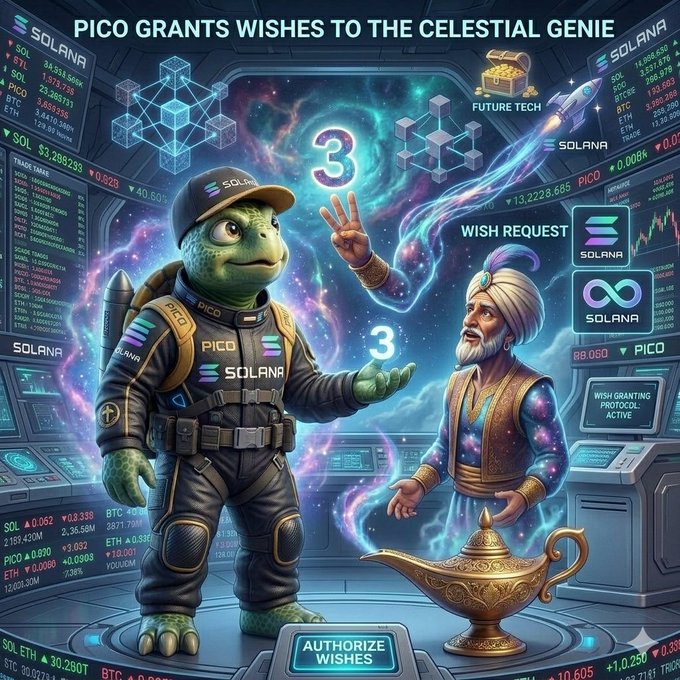 A futuristic digital artwork showing PICO, a turtle character in a space suit, making a wish to a celestial genie emerging from a lamp, with Solana branding and 'WISH REQUEST' interfaces visible.