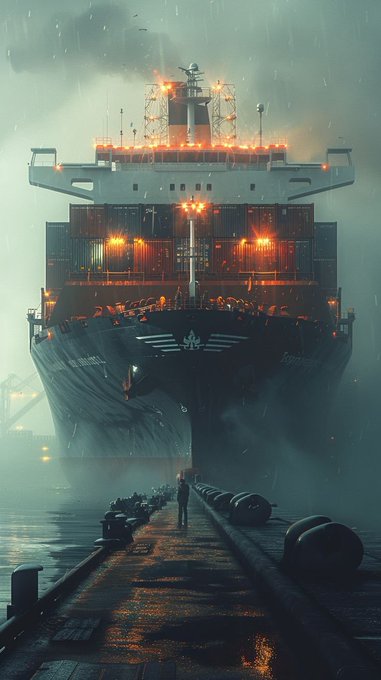A cinematic image of a massive container ship docked in the rain, with a lone figure walking down a wet pier toward the vessel, illuminated by warm orange lights.