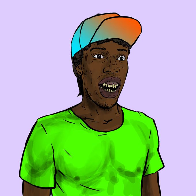 A stylized digital illustration shows a person with an exaggerated facial expression, wearing a neon green shirt and an orange and teal cap against a light purple background.