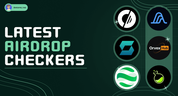 The image features bold text "LATEST AIRDROP CHECKERS" alongside a "@atoms_res" handle, with various cryptocurrency project logos displayed in circular frames on the right side.

This graphic serves as a promotional banner highlighting several ongoing airdrops mentioned in the post, including Solstice, SHIFT, and DAPPOS, directing users to check their eligibility on each respective platform.