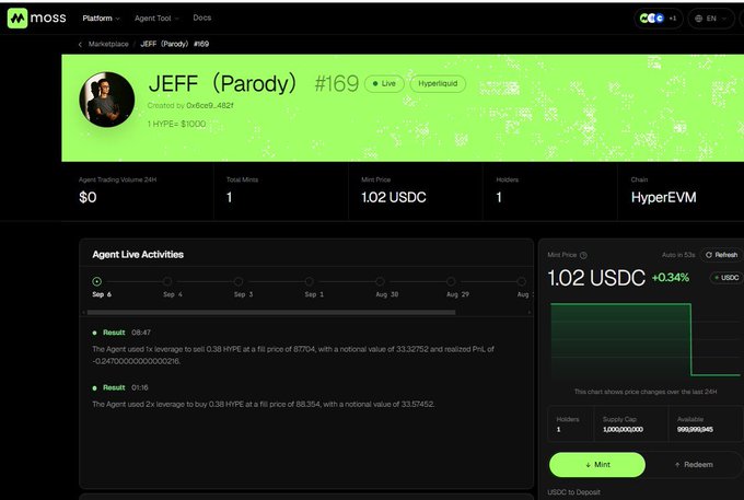 A screenshot of the MOSS platform showing a token marketplace for 'JEFF (Parody) #169', which is marked Live on Hyperliquid with a mint price of 1.02 USDC. The interface displays Agent Live Activities with transaction results.