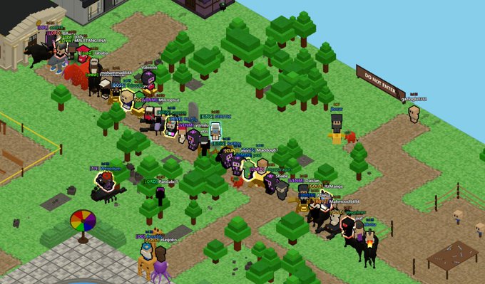 A crowded isometric view of a 2D browser-based MMORPG game world with pixelated characters gathered on grassy paths between blocky trees.