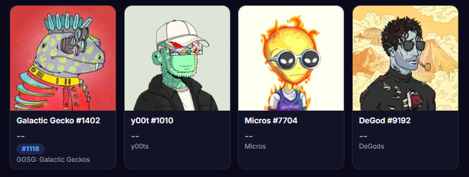 Display of four NFT profile pictures with labels: Galactic Gecko #1402, y00t #1010, Micros #7704, and DeGod #9192.