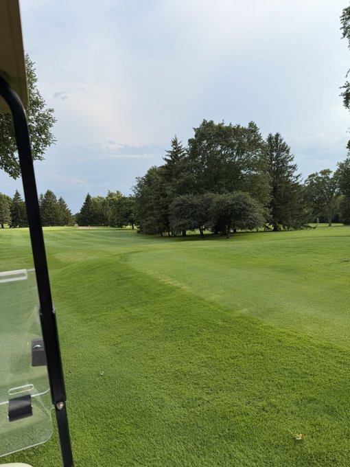 A view from inside a golf cart looking out over a lush green fairway lined with mature trees under a partly cloudy sky.