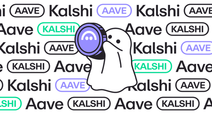 A graphic with a ghost-like figure holding a purple coin, surrounded by a collage of 'Kalshi' and 'Aave' logos.