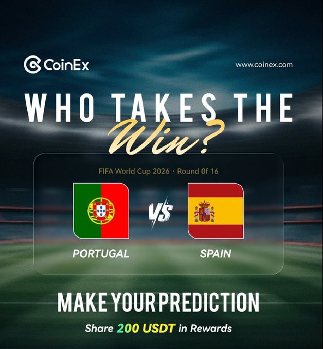 A CoinEx promotional poster titled 'WHO TAKES THE Win?' for the FIFA World Cup 2026 Round of 16 match between Portugal and Spain, offering to share 200 USDT in rewards for predictions.