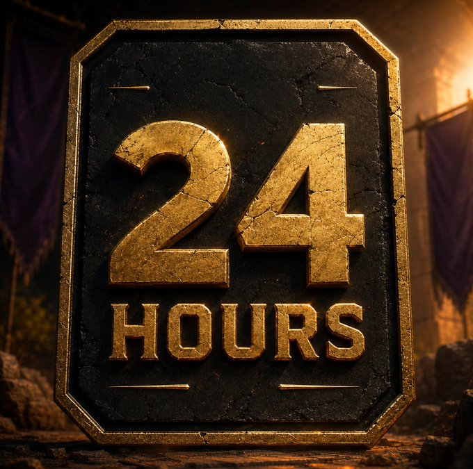 A 3D-rendered weathered stone plaque with gold lettering reads '24 HOURS' against a dark fantasy background with banners.