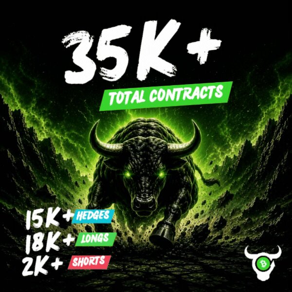 In the image, there's a green bull with horns facing towards the right side of the frame. The background features a dark green color that contrasts with the bright green bull. Below this image, there are three lines of text written in white, including "35k+", "TOTAL CONTRACTS", and "15k+". These texts appear to be related to the content displayed on the image.