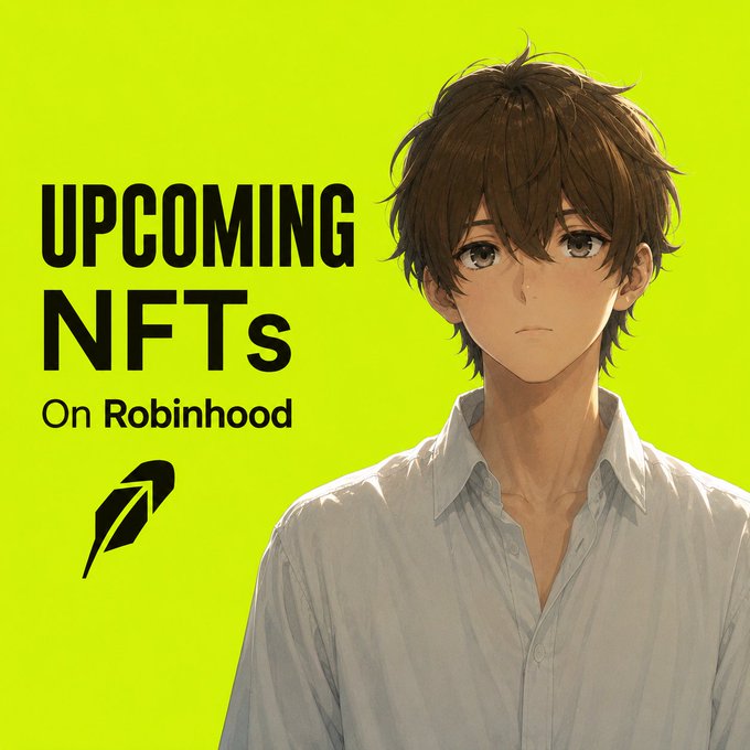 An anime-style illustration of a brown-haired character in a white shirt against a bright green background, featuring the text "UPCOMING NFTs On Robinhood" with a feather icon, promoting the highlighted upcoming NFT collections on the platform.