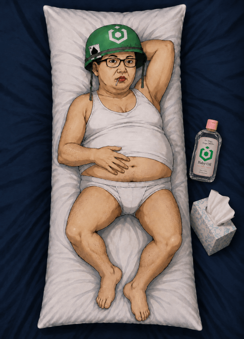 An illustrated drawing of a young man wearing a green helmet and glasses lying on a white pillow, wearing only white underwear, with a baby oil bottle and tissue box beside him on a dark blue background.