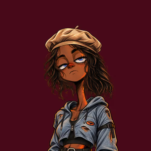 A stylized digital illustration of a young woman with wavy brown hair, wearing a beige beret and a distressed blue jacket, against a solid maroon background.