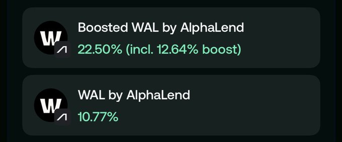 A screenshot showing 'Boosted WAL by AlphaLend' at 22.50% (incl. 12.64% boost) and 'WAL by AlphaLend' at 10.77%, both with a 'W' logo and trending arrow.