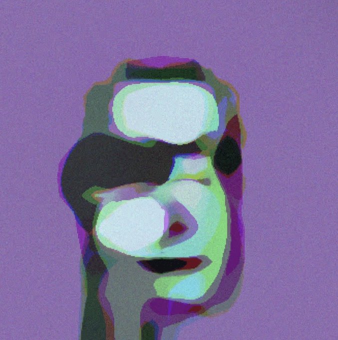 An abstract digital artwork featuring distorted facial features rendered in vibrant purples, greens, and white shapes on a solid purple background.