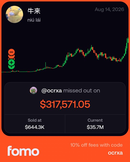 A Fomo “missed out” card for **Marscoin ($MARS)** dated **Aug 14, 2026** shows **@ocrxa** missing out on **$317,571.05**, after selling at **$644.3K** while the asset’s current value is **$35.7M**. It echoes the post’s regret over getting distracted during Marscoin’s surge and refusing to buy the subsequent dip.