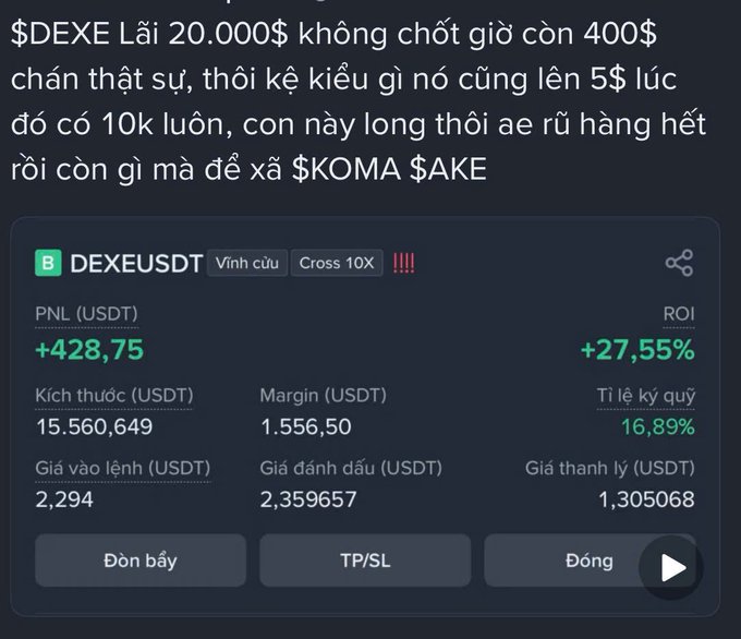 A Vietnamese trading post discussing $DEXE profits with a screenshot of a DEXEUSDT perpetual futures position showing PNL of +428.75 USDT and ROI of +27.55%, with entry price 2.294 and liquidation price 1.305068.
