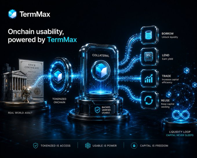 A promotional graphic for **TermMax** illustrating how real-world assets (RWAs) like stocks can be tokenized onchain and used as collateral to unlock functions including **Borrow, Lend, Trade, and Reuse** within a continuous liquidity loop. The design features a glowing "Collateral" hub with the tagline "Onchain usability, powered by TermMax" alongside principles: "Tokenized is access, Usable is power, Capital is freedom." The image visually reinforces the post's message that tokenization merely provides access, while making an asset usable as collateral—through TermMax—gives it a deeper, more productive purpose onchain.