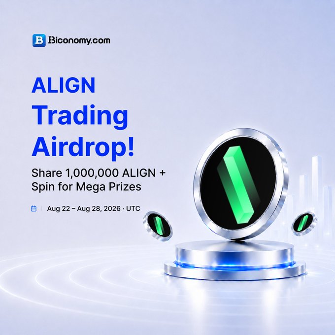 A promotional advertisement for Biconomy.com announcing an 'ALIGN Trading Airdrop!' to 'Share 1,000,000 ALIGN + Spin for Mega Prizes' from 'Aug 22 – Aug 28, 2026 · UTC', featuring a 3D green ALIGN token logo on a metallic pedestal.