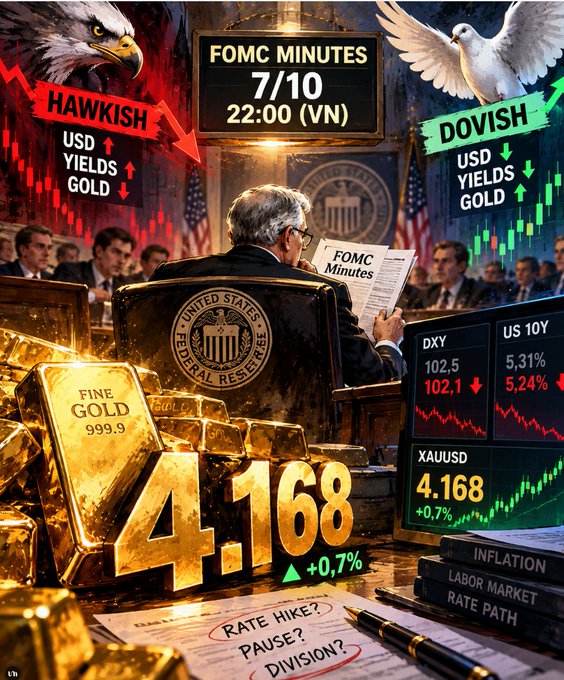 A financial graphic illustrating FOMC Minutes scheduled for 7/10 at 22:00 (VN), depicting a Federal Reserve chair with 'Hawkish' (red eagle) and 'Dovish' (green dove) market scenarios, gold bars priced at 4.168 (+0.7%), and DXY at 102.1.