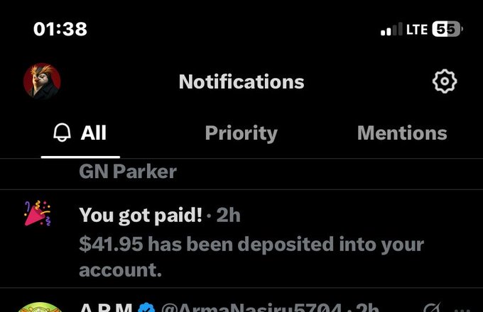 A mobile phone screenshot showing a dark-mode social media notifications screen with the text 'You got paid! $41.95 has been deposited into your account' and 'GN Parker'.